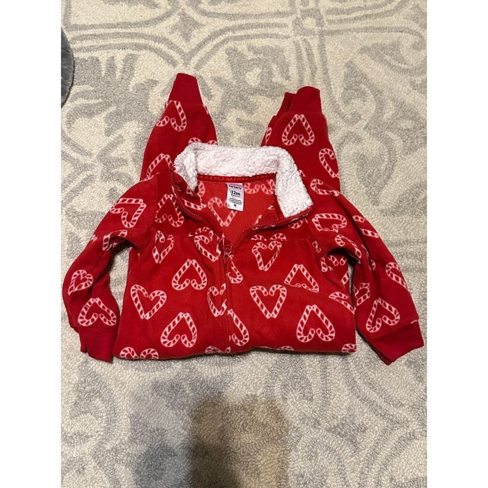 Carters Baby 12M Fleece Footed Pajamas Lot 2 Red Reindeer Candy Cane Hearts PJs